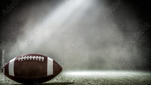 Intense spotlight on a football ready for the big game, conveying determination, competition, and the excitement of victory on the field