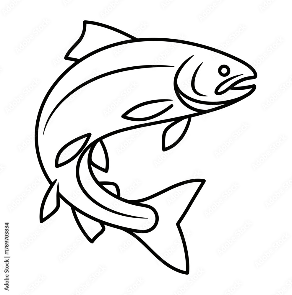 Obraz premium Fish illustration in black and white line art showing stylized swimming pose with detailed fins, streamlined body, and bold outline