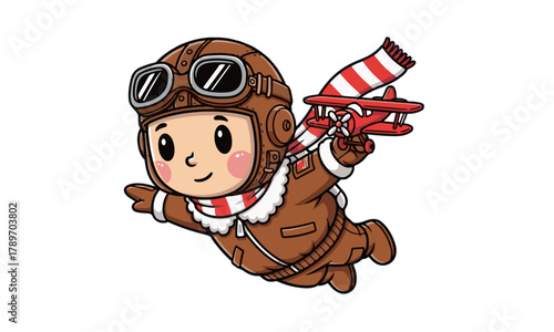Cute Cartoon Aviator Flying with Red Plane