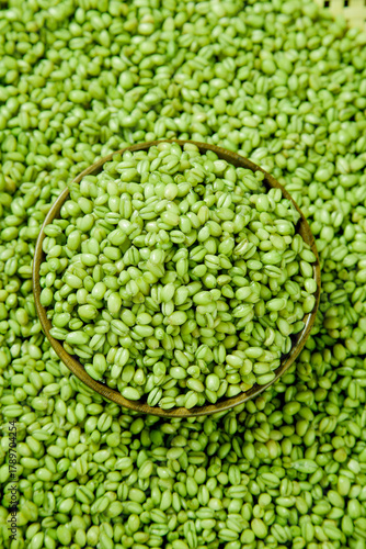 Fresh Green Wheat Kernels in Wooden Bowl - Henan Farm Harvest Organic Cereal Grains