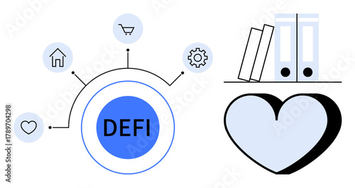Central circle labeled DEFI connected to icons for home, heart, cart, and gear. A bookshelf with folders and a heart depicted beside it. Ideal for finance, blockchain, innovation, economy digital