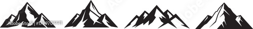 Set of mountain peak silhouette vector icons in black and white showing rugged alpine shapes and natural landscape forms.