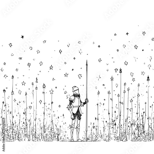 Knight in shining armor illustration with spear and star field drawing for fantasy art and medieval theme design