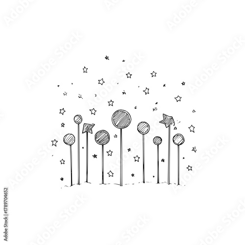 Hand drawn stars and lollipop trees illustration for art projects and creative design black and white drawing style