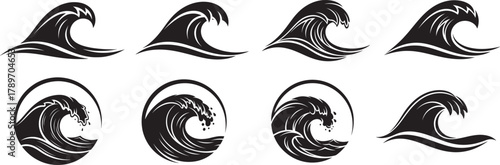 Set of ocean wave silhouette vector icons in black and white featuring dynamic sea shapes with curling motion and water splash details.
