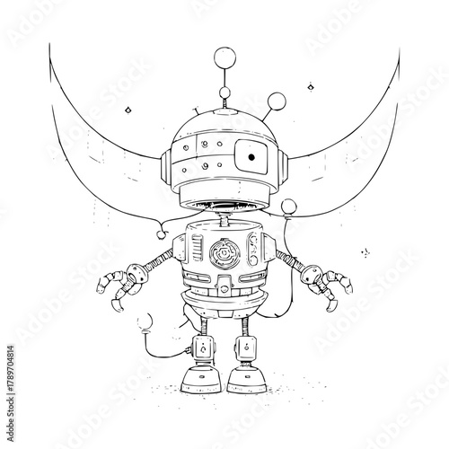 Illustration of a vintage robot drawing with antenna and claw hands for sci fi and technology fans alike