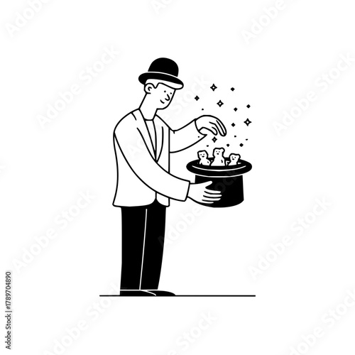 Magician performing magic trick pulling animals out of hat illustration vector graphic design template