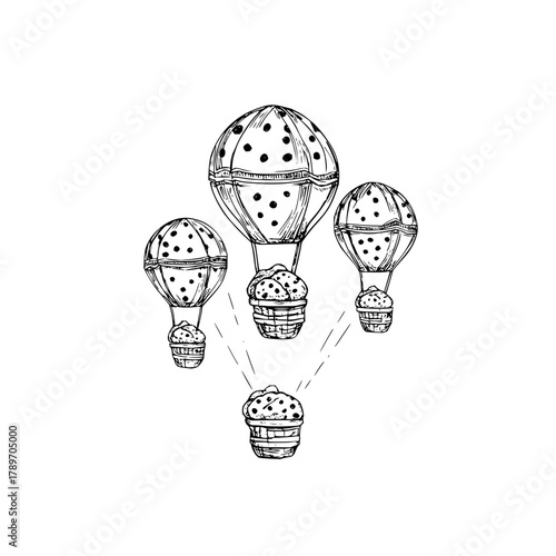 Vintage hot air balloon cupcake sketch illustration for bakery logo or dessert shop branding and decoration