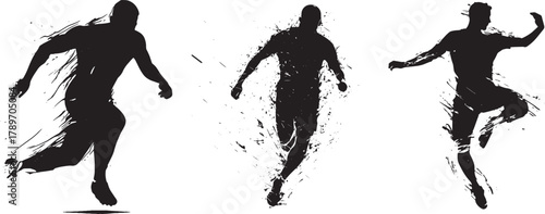 Silhouette of three athletic men running and jumping with splatter paint effect showing speed power and motion Concept of fitness energy determination and sports performance.