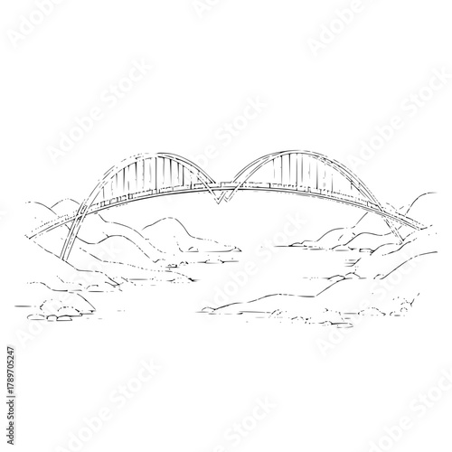 Find iconic arch bridge designs drawing over water landscape travel destination and scenic views line art