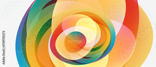 Abstract colorful layers create dynamic circular design. Bright hues blend, forming modern visual experience. Smooth gradients suggest movement, energy.