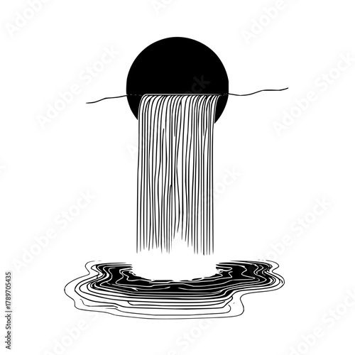 Minimalist waterfall illustration flowing from a black circle nature landscape art drawing design vector image
