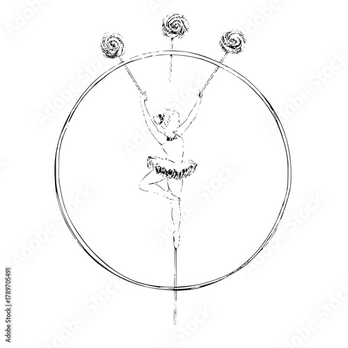Drawing of ballerina performing circus act with hoop and lollipops sketch illustration art design vector