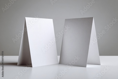 Two blank, folded, white cards, one with a subtle texture, stand on a white surface against a neutral gray background