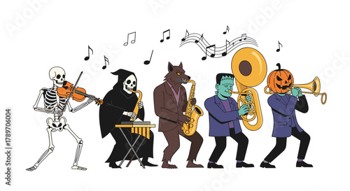 Halloween band of spooky monsters and skeletons playing musical instruments together.