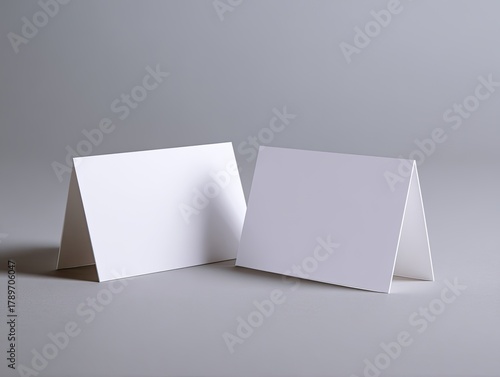 Two blank white cards, slightly angled, on a neutral gray surface