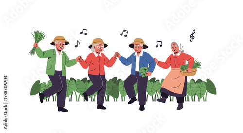 Elderly farmers in straw hats joyfully dancing together outdoors with musical notes above.