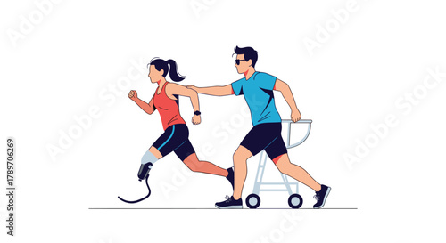 Paralympic athlete with a prosthetic leg training with a coach using a walker and a wheelchair.