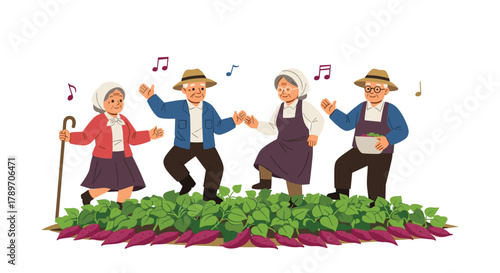 Elderly farmers joyfully dancing in a field of sweet potatoes with musical notes floating above.