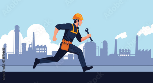 Male worker in hard hat and overalls running with a wrench in front of factory buildings with smoke stacks.