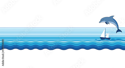 A dolphin leaps out of the ocean waves near a sailboat with a white sail and a small cabin.