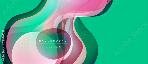 Abstract flowing shapes, vibrant colors, turquoise background. Modern design elements create dynamic visual impact. Smooth gradients present elegance.