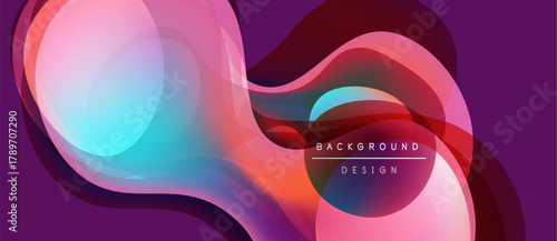 Abstract fluid shapes, vibrant colors blend. Modern design, smooth gradients create dynamic composition. Purple background enhances visual impact.