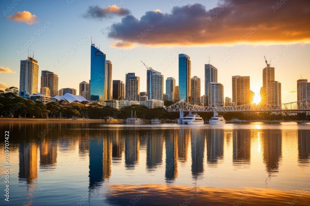 Obraz premium Sonnenuntergang über der Skyline von Brisbane, moderne Architektur und Stadtlandschaft