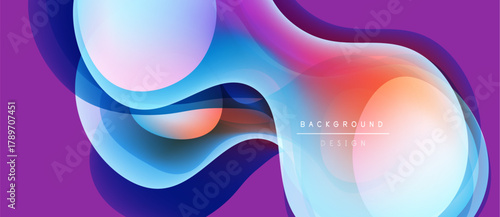 Abstract fluid shapes blend, creating vibrant purple, blue, orange gradients. Modern design evokes movement, energy, smooth transitions.