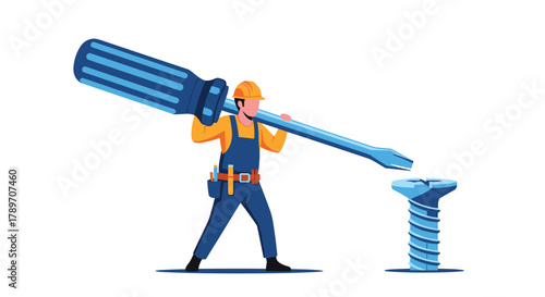A cartoon illustration of a worker with a hard hat and overalls holding a giant blue screwdriver to a blue screw.