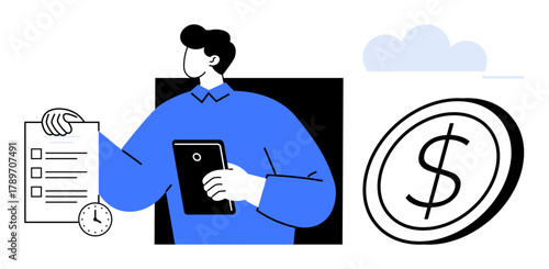Man holding a task list and tablet, clock representing time management, large coin symbolizing money. Ideal for productivity, finance, time tracking, budgeting, planning, efficiency simple flat