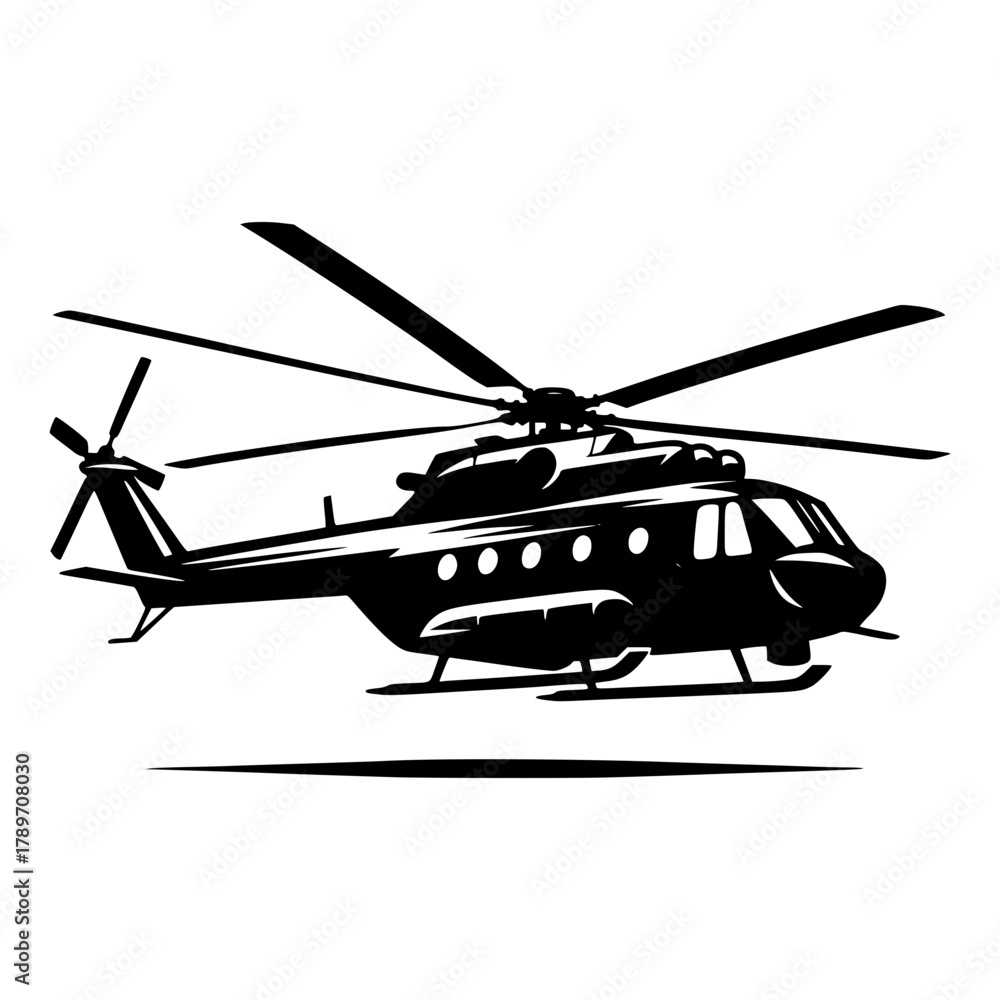 Fototapeta premium soaring Above: A detailed silhouette of a powerful helicopter, gracefully captured in mid-flight, poised against an open sky, suggesting adventure and aerial exploration.