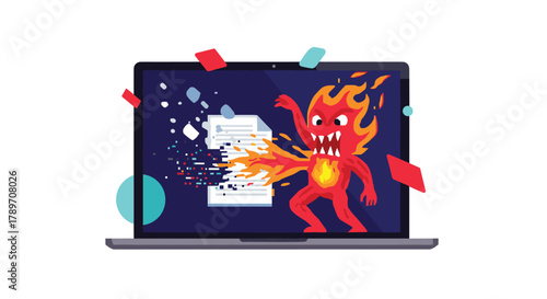 Angry fire monster attacking a laptop screen with data being corrupted and fragmented.