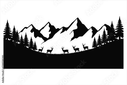 Mountain Range Deer Silhouette Scene