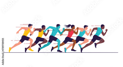 Diverse group of athletes in a sprint race showing motion and determination.