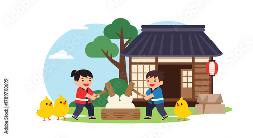 Two children enthusiastically pounding mochi together in front of a traditional Japanese house with chicks nearby.