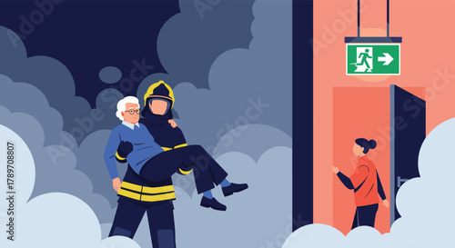 Firefighter rescuing an elderly person from a smoky building with an exit sign visible.