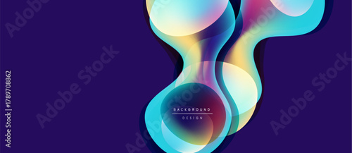 Abstract fluid shapes overlap, creating vibrant color gradients. Purple background enhances dynamic visual effect. Modern design element.