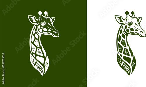 Logo Elegant vector illustration of a majestic giraffe head and neck, showcasing intricate patterns in a monochrome palette, ideal for branding, wildlife themes, and decorative design elements