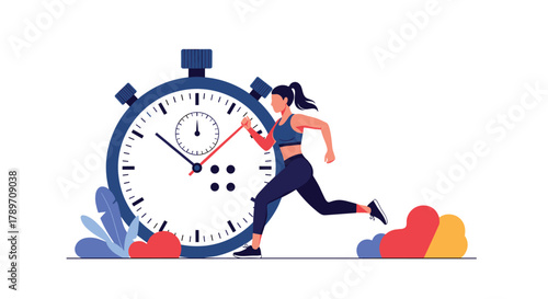 Woman running fast next to a stopwatch, symbolizing fitness and time management.