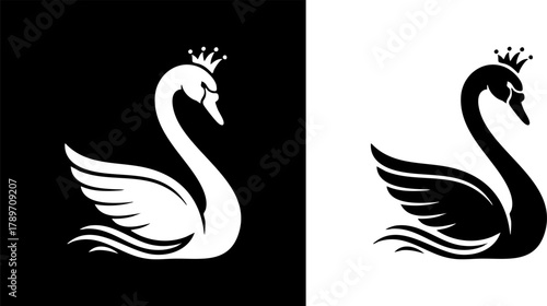 Logo Elegant crowned swan illustrations in contrasting black and white, depicting grace, royalty, and symbolic duality, perfect for sophisticated design projects