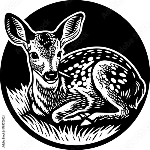 A detailed pen and ink illustration of a young deer, set against a stark, black background. The deer is depicted in a resting pose, its body curled up, and its head turned towards the viewer in a thre
