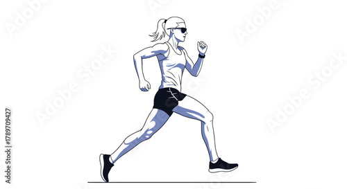 A woman with a ponytail and sunglasses running vigorously forward on a white background.