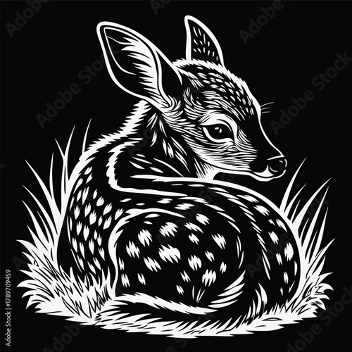 A detailed pen and ink illustration of a young deer, set against a stark, black background. The deer is depicted in a resting pose, its body curled up, and its head turned towards the viewer in a thre