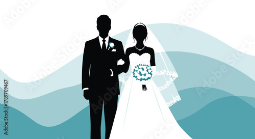 Silhouetted bride and groom in wedding attire walk together on abstract wavy background.