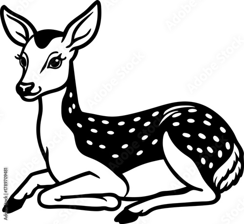 A detailed pen and ink illustration of a young deer, set against a stark, black background. The deer is depicted in a resting pose, its body curled up, and its head turned towards the viewer in a thre