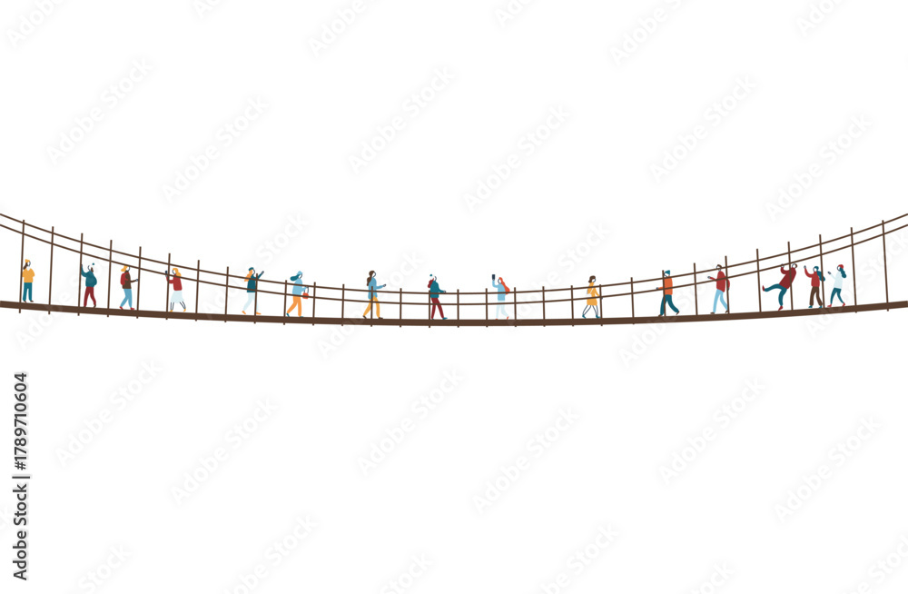 Fototapeta premium 吊り橋を渡るにぎやかな人々のイラスト素材