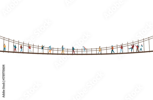 吊り橋を渡るにぎやかな人々のイラスト素材