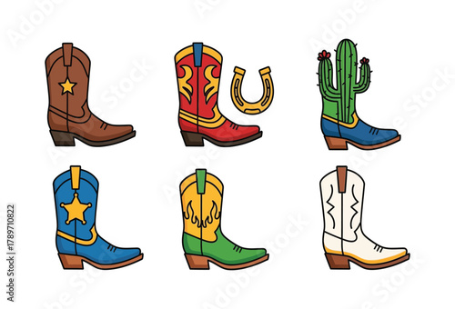 Colorful Cowboy Boots Collection: A vibrant assortment of cowboy boots, each exuding the spirit of the Wild West and adding a touch of rustic charm.