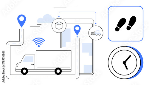 Delivery truck on route with GPS navigation, parcel tracking, wireless connectivity, and time monitoring. Ideal for logistics, supply chain, navigation, delivery, technology business optimization